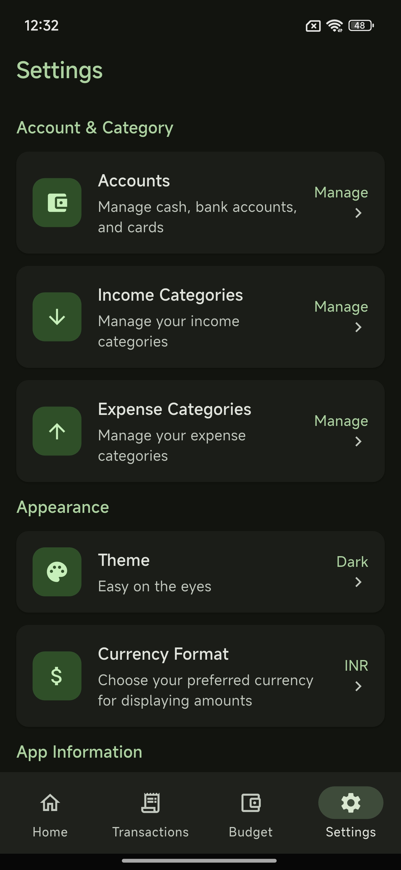Settings screen